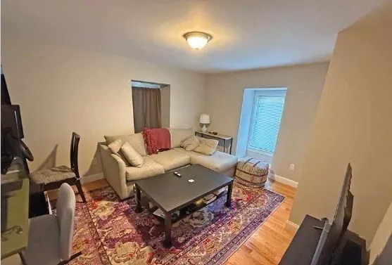 a living room with furniture rug and wooden floor