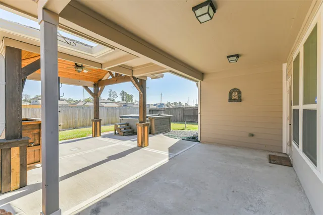 a view of a room with a large window