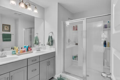 a bathroom with a sink a mirror and a shower