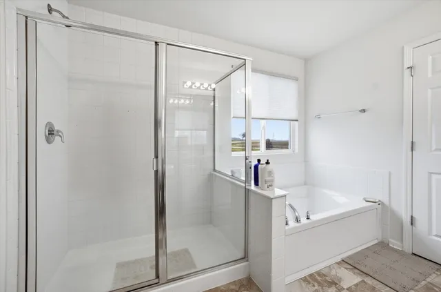a bathroom with a bathtub shower and toilet
