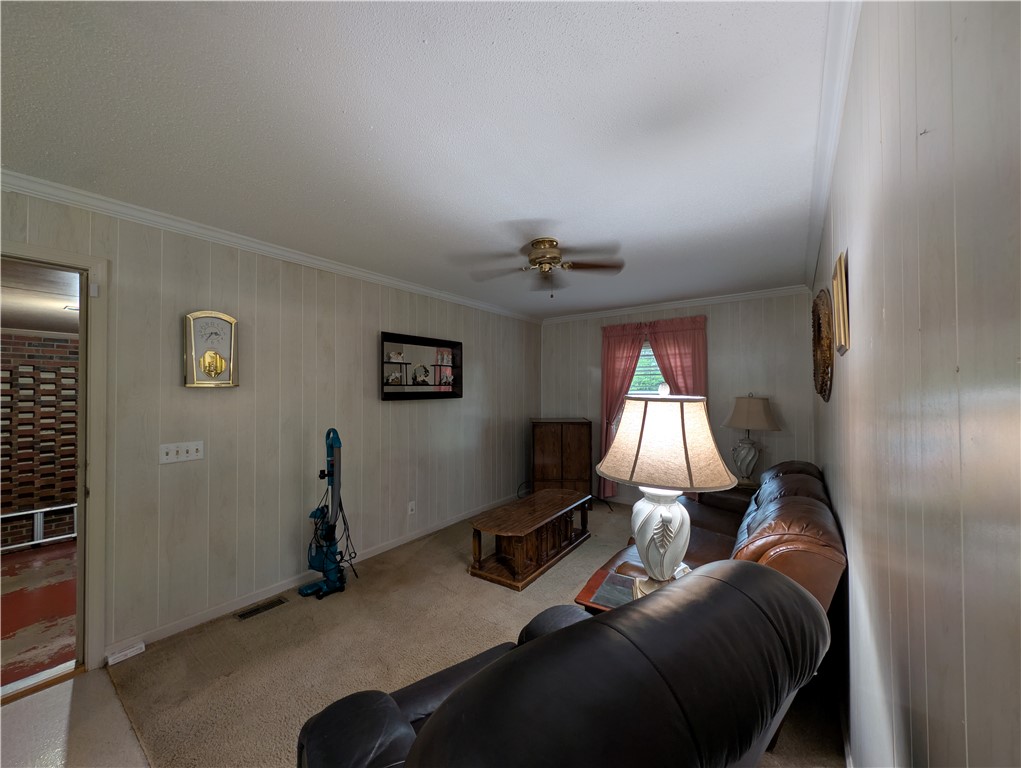 1000 Hickory Lane Anderson, SC 29624 - Photo 20 of 37 This inviting living area features a ceiling fan, crown molding, and plush carpeting.