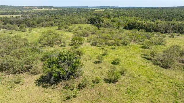 a view of a field with trees in the background