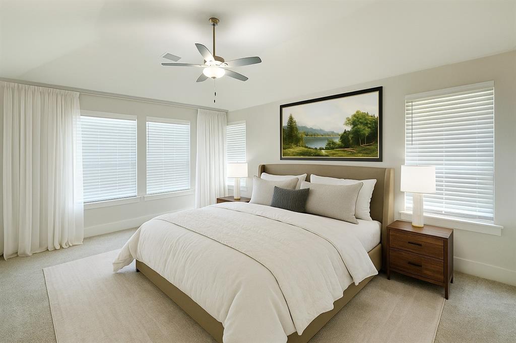 5924 Owen Road McKinney, TX 75071 - Photo 19 of 40 a bedroom with a bed and a chandelier