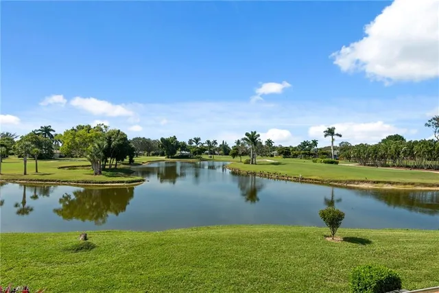 a view of a lake with a yard and potted plants