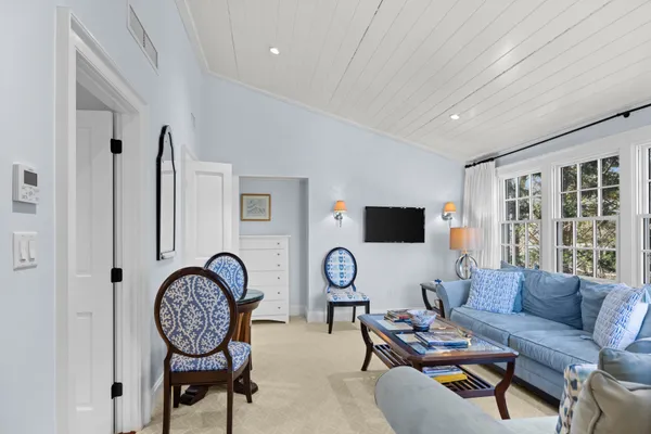 a view of a park with large trees