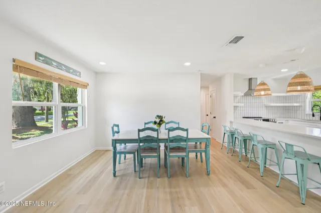 a view of a dining room with furniture window and outside view