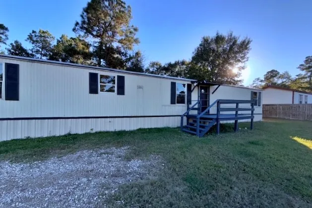 a view of a backyard with large trees
