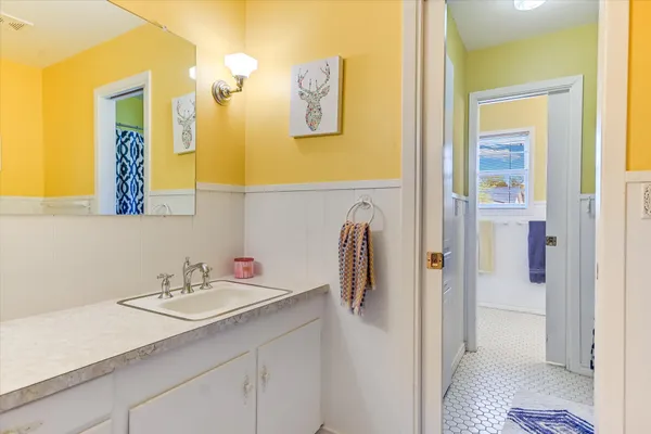 a bathroom with a sink vanity and a mirror