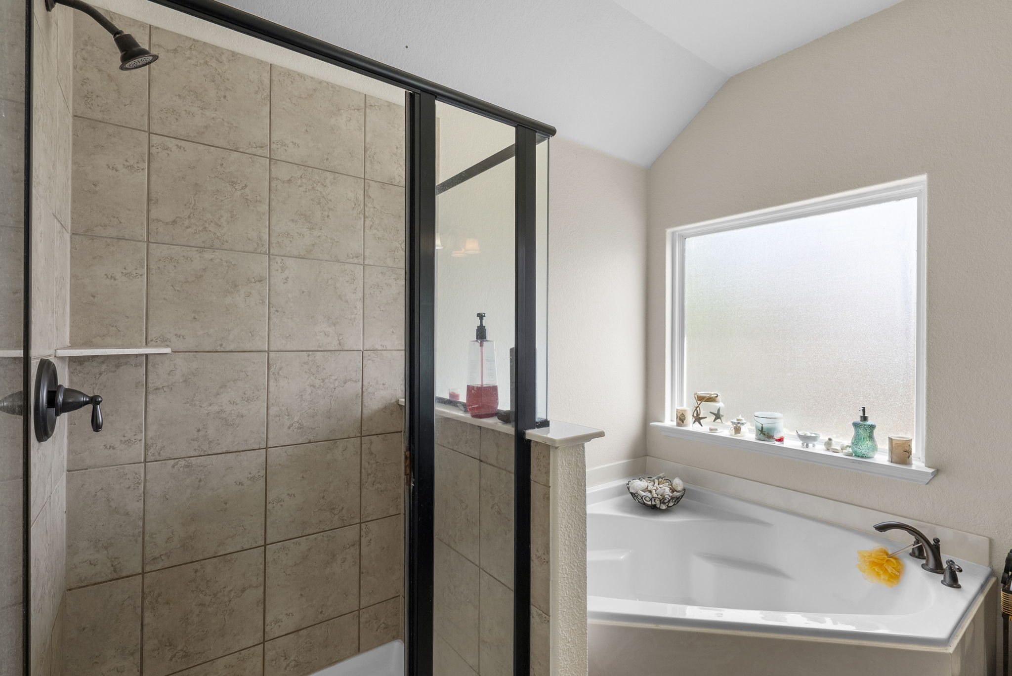 1617 Treeta Trail Kyle, TX 78640 - Photo 31 of 39 Bathroom with a shower stall, a garden tub, and vaulted ceiling
