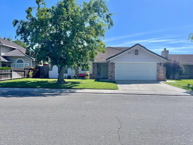 a view of a house with a yard and large tree