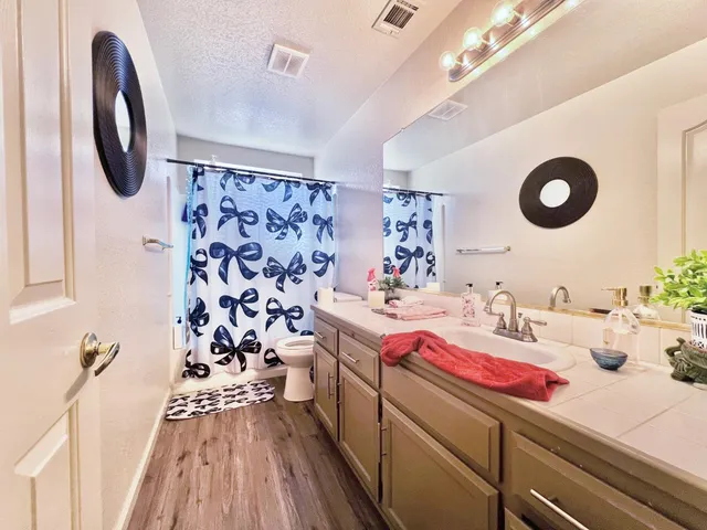 a bathroom with a sink vanity mirror and toilet