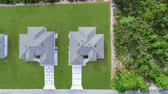 an aerial view of green landscape with trees houses and mountain view