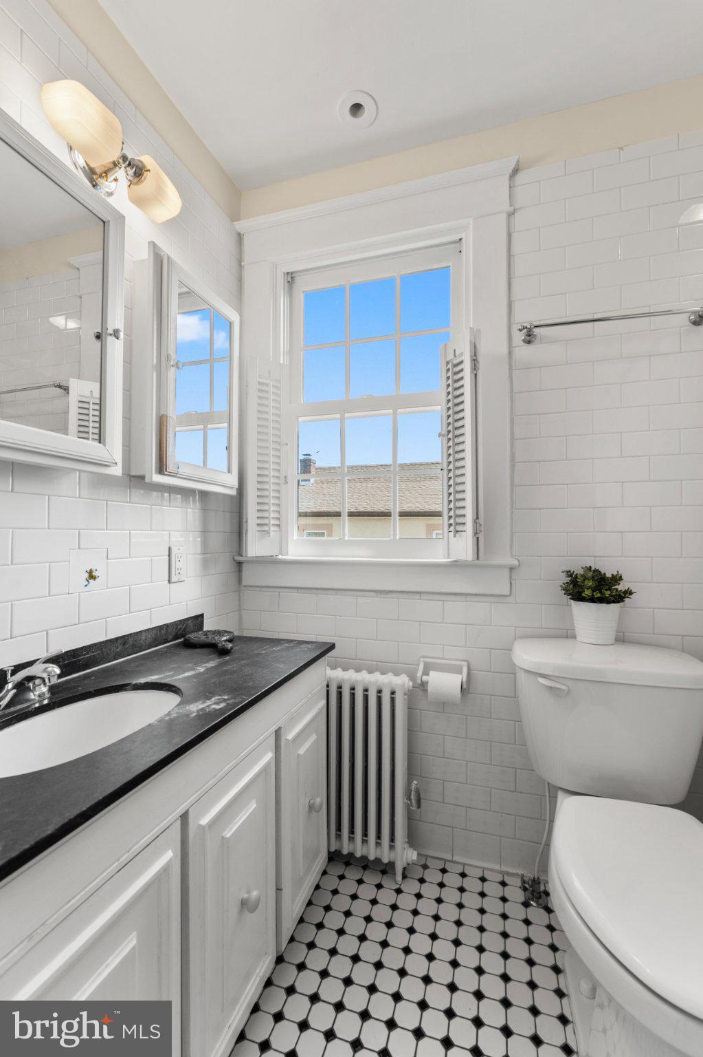 503 Kingston Road Baltimore, MD 21229 - Photo 8 of 15 a bathroom with a granite countertop toilet a sink a window and a shower