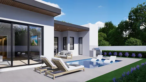 a view of a patio with table and chairs and potted plants