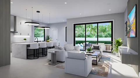 a living room with furniture large window and flat screen tv