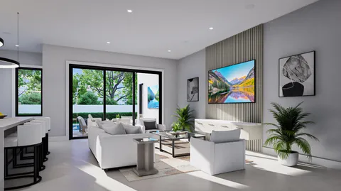 a living room with furniture a large window with plants