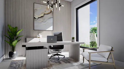 a workspace with furniture and a potted plant