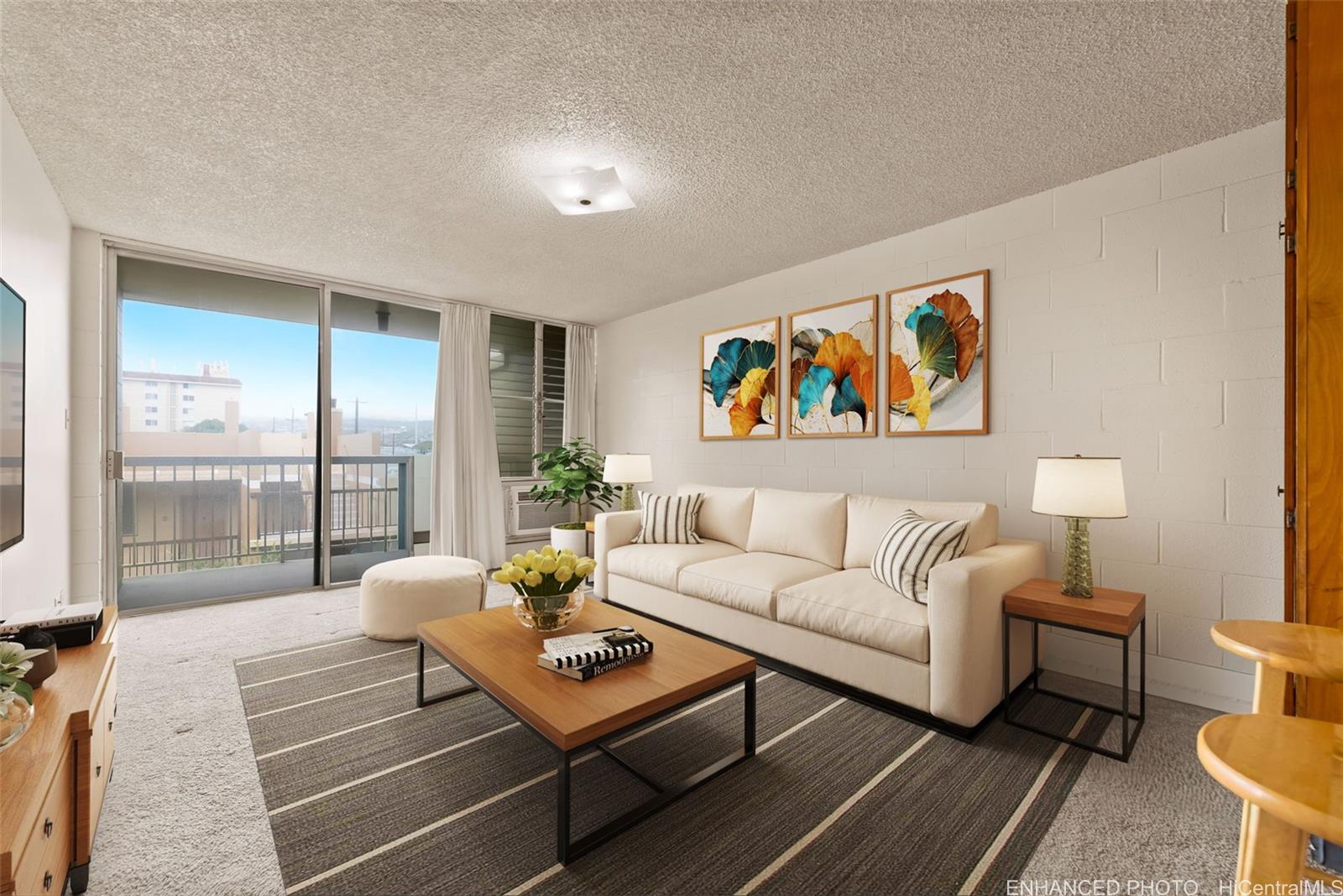 a living room with furniture a rug and a painting on the wall