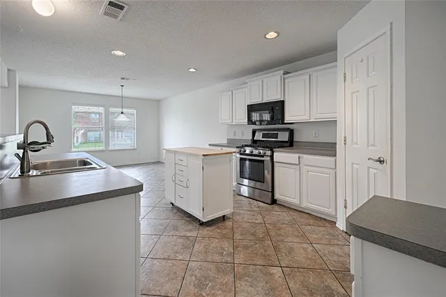 a kitchen with a sink a stove and cabinets