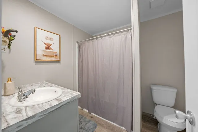 a room with a table and a closet