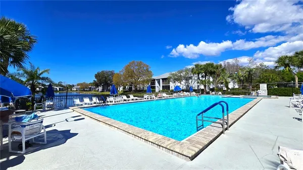 a view of a swimming pool and lounge chairs