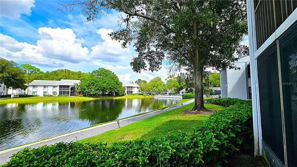 a view of a lake with a yard