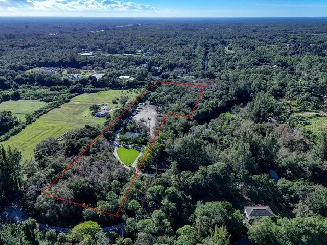 an aerial view of a residential houses with outdoor space and trees