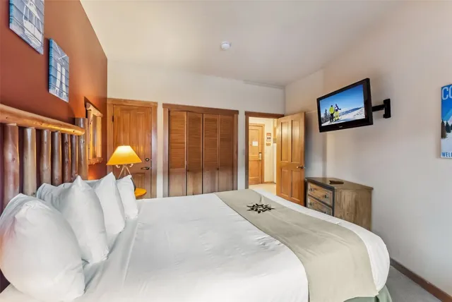 a bedroom with a bed and a tv