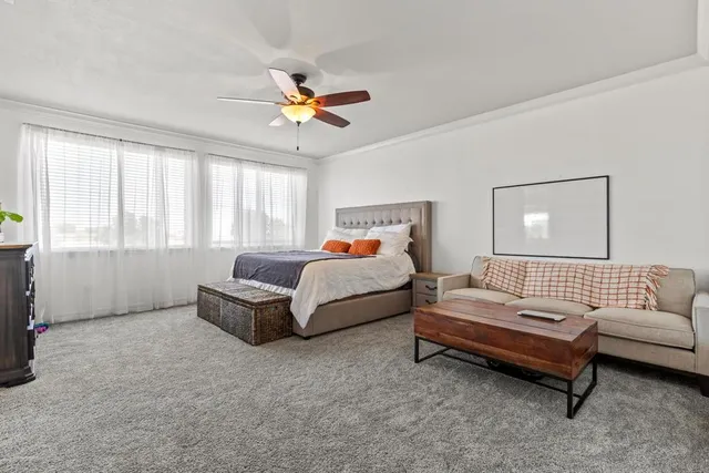 a bedroom with a bed couch and window