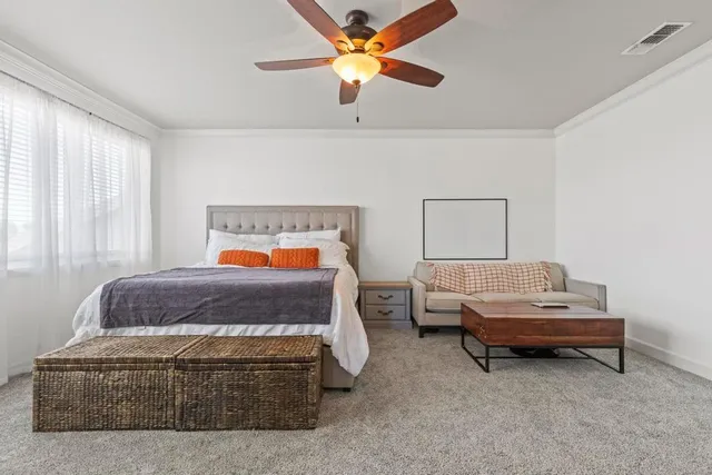 a bedroom with a bed and a chandelier fan