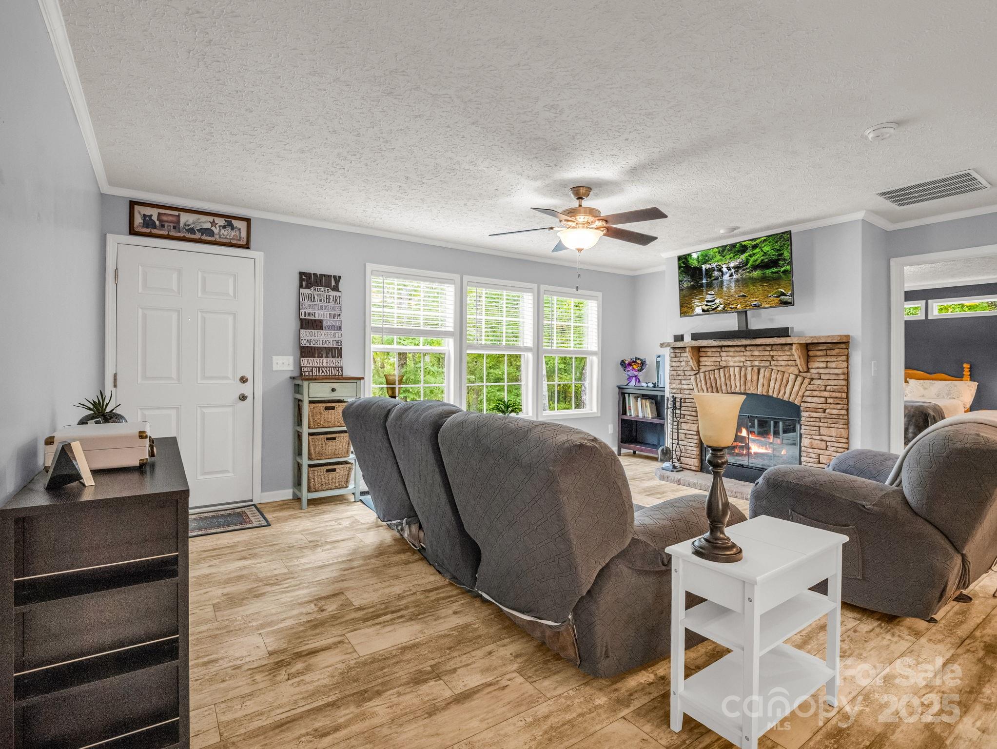 343 East Marshall Ridge Road Hendersonville, NC 28792 - Photo 4 of 44 a living room with furniture a fireplace and a flat screen tv
