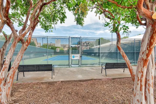 a view of a park with a bench and wooden fence
