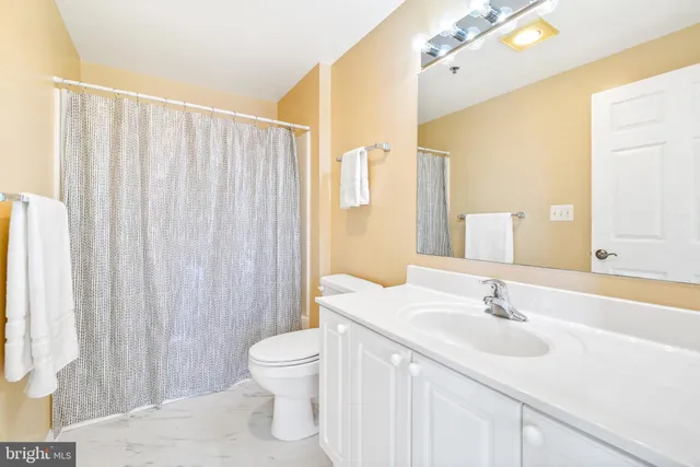 a bathroom with a sink a toilet and shower curtain