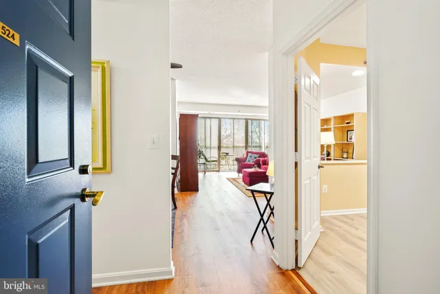a view of a livingroom with wooden floor and furniture