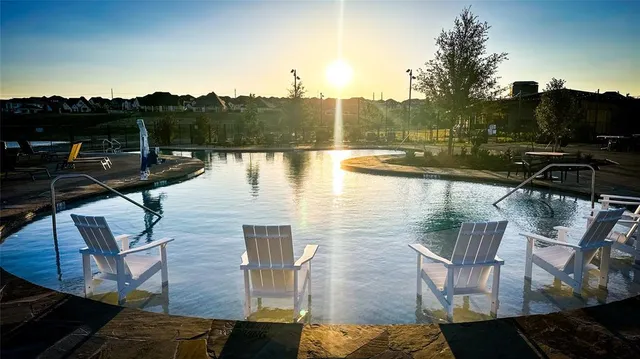 a view of a lake with a terrace