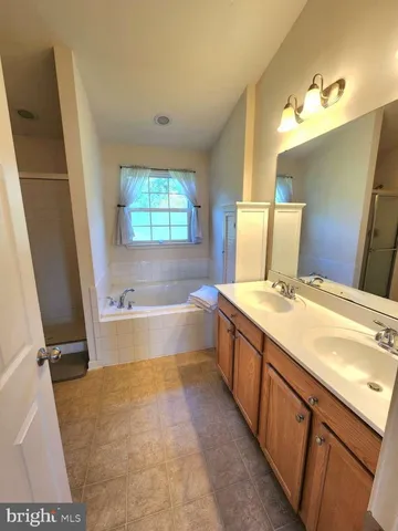 a bathroom with a tub sink and mirror