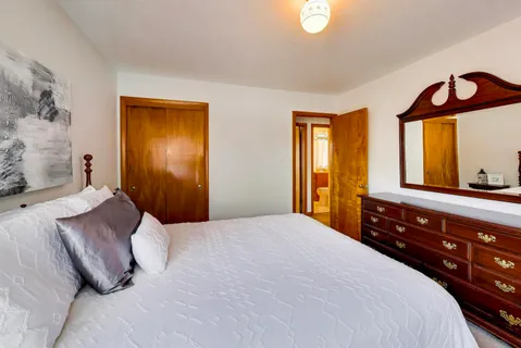 a bedroom with a bed and a dresser with mirror