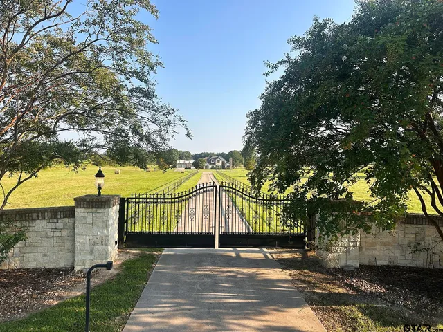a view of a park with iron fence and large trees