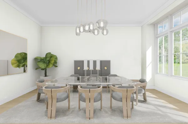 a dining room with furniture a large window and a potted plant