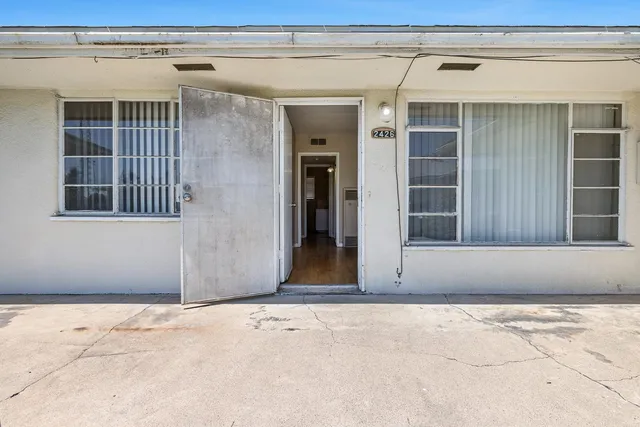 a bedroom with a large bed and a potted plant