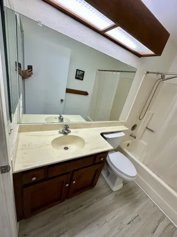 a bathroom with a sink a toilet and mirror