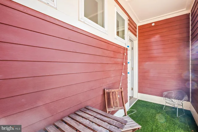 a view of a backyard with wooden stairs