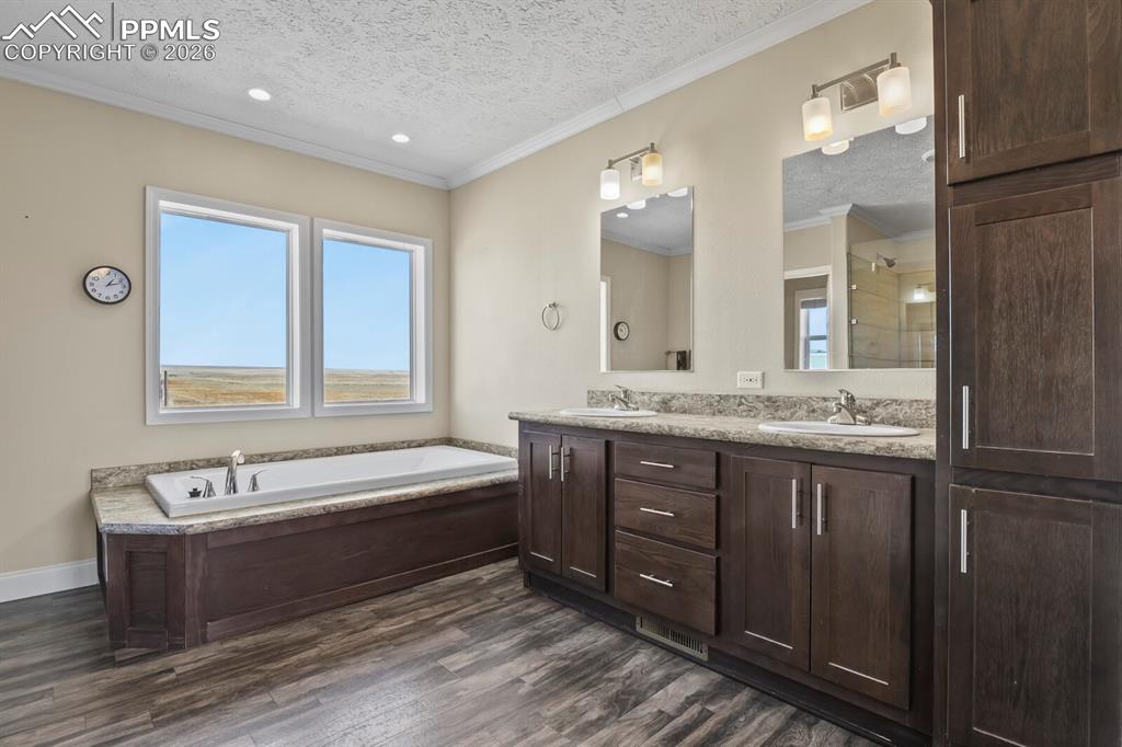 5895 Bar 10 Road Colorado Springs, CO 80928 - Photo 14 of 50 a spacious bathroom with a tub double sink and mirror