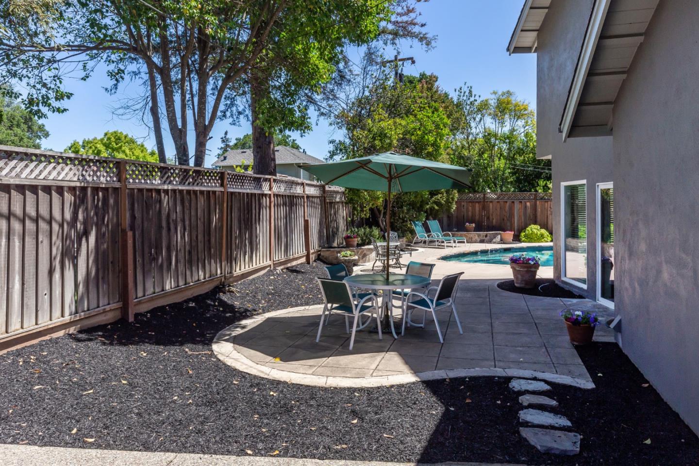 915 Cherrystone Drive Los Gatos, CA 95032 - Photo 30 of 37 a view of a patio with a table chairs and a fire pit
