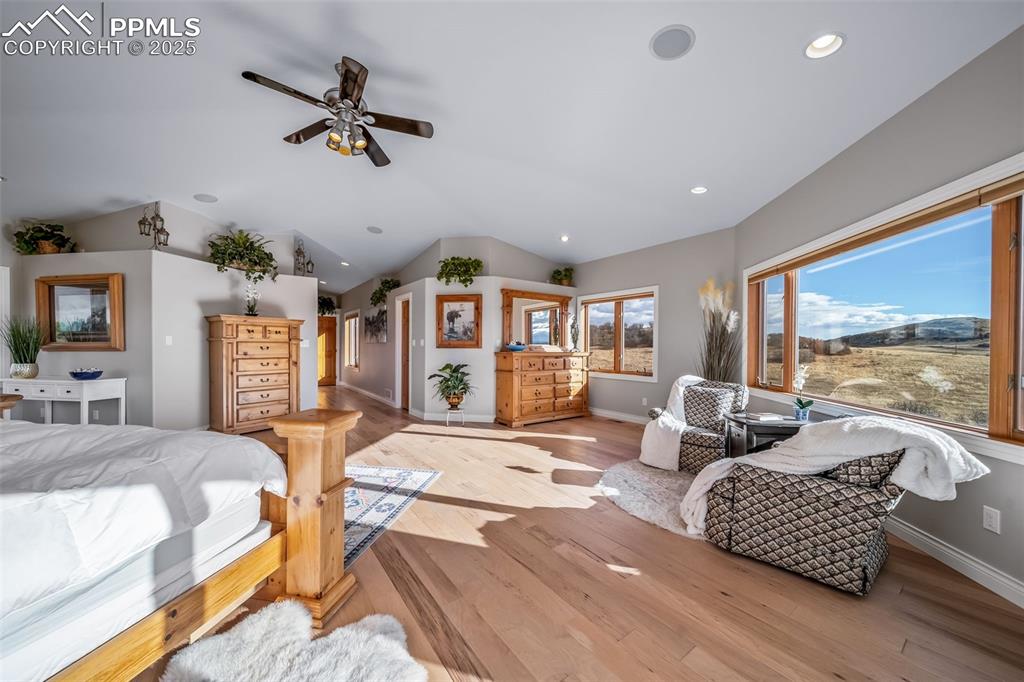 4586 East Best Road Larkspur, CO 80118 - Photo 25 of 50 Bedroom with lofted ceiling, wood finished floors, a ceiling fan, and recessed lighting