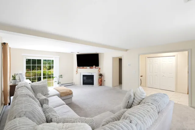 a living room with furniture a flat screen tv and a fireplace