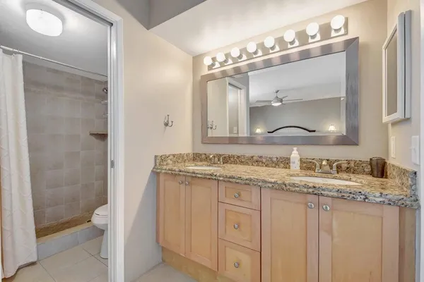 a bathroom with a granite countertop sink mirror and a shower