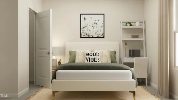 a bedroom with a bed and a couch