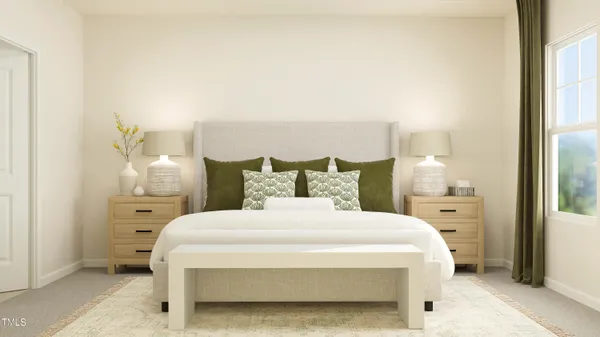 a spacious bedroom with a bed and a night stand