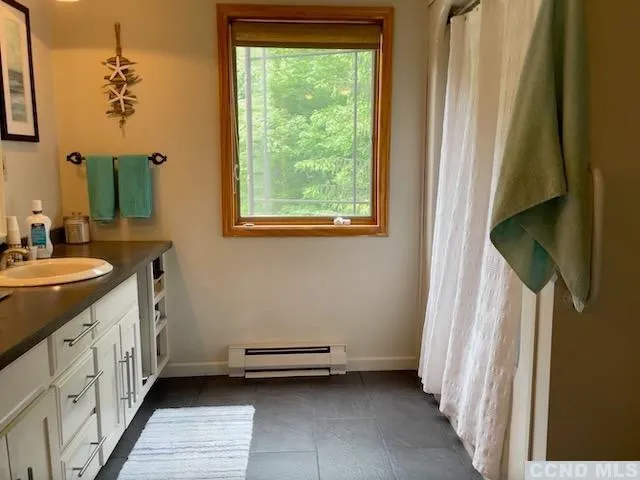 a bathroom with a sink a mirror and a shower